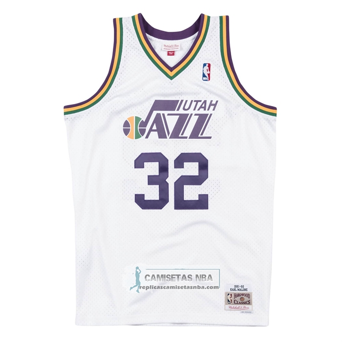 Camiseta Utah Jazz Karl Malone NO 32 Mitchell & Ness 1991-92 Blanco